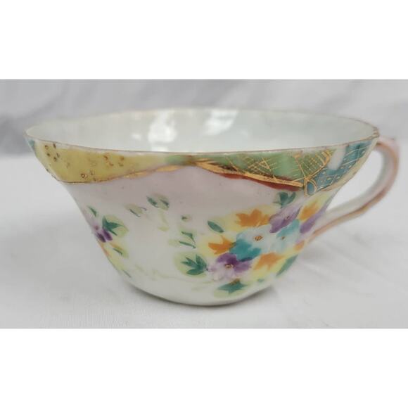 Vintage Bone China Hand Painted Teacup with Soft Flowers and Green/Yellow Trim - Picture 3 of 5